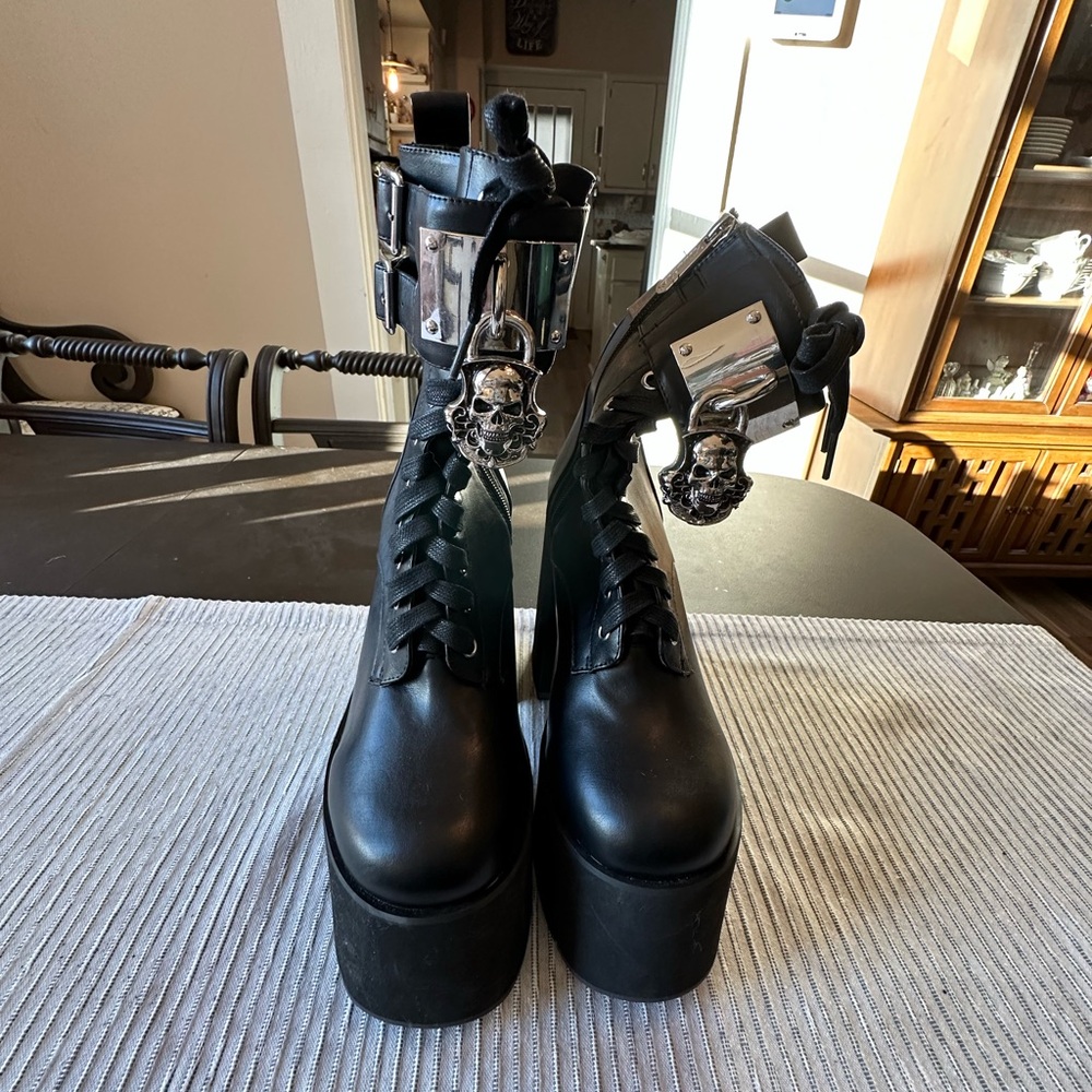 Killstar Black Platform Lace-Up Boots with Silver Skull Hardware - Picture 2 of 5